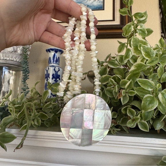 None Jewelry - Mother Of Pearl Inlay Necklace Large Pendant Beaded Shell Strand